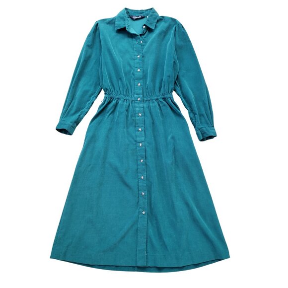 Vintage Corduroy Shirt Dress Small Green Lands' End Cottage Modest USA - Picture 1 of 10